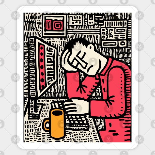 Code and Coffee - Programmer Linocut Art Sticker by TuncGK